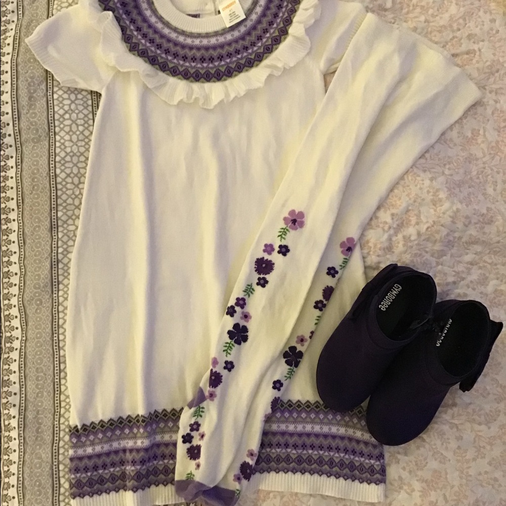 Gymboree size 4t white sweater dress with purple details at the top and bottom